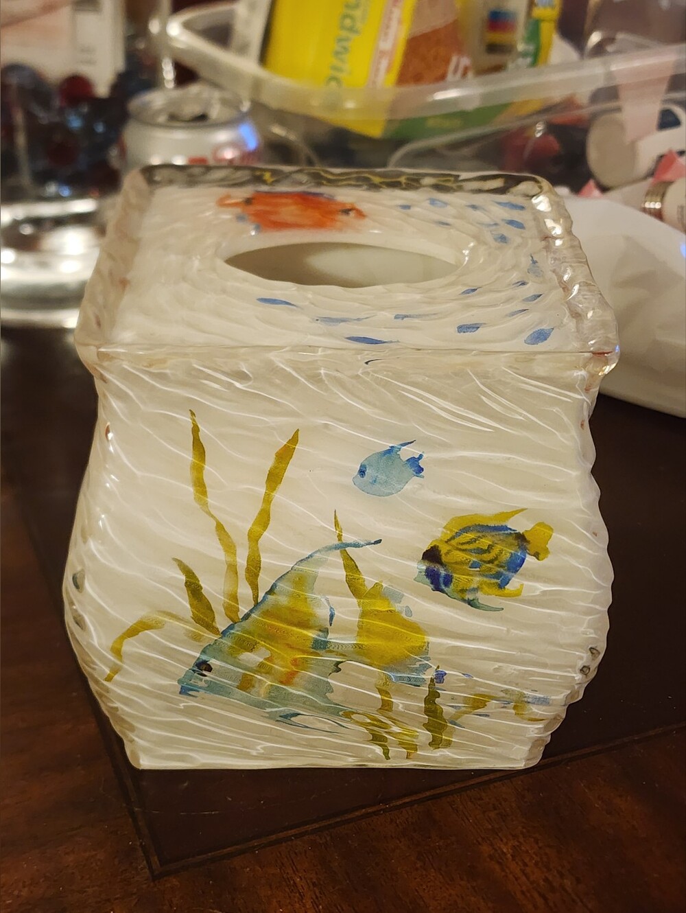Coastal Glass Tissue Box Cover, Acrylic with Tropical Fish